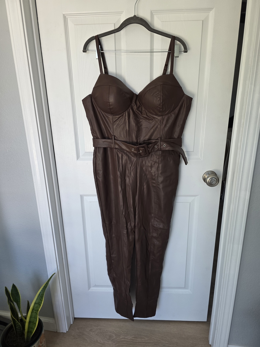 Haute Monde Brown Faux Leather Bustier Jumpsuit
